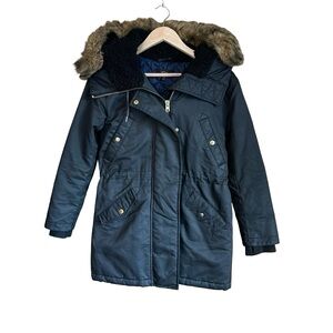 J. Crew Perfect Winter Parka Navy Blue Removable Fur Hood Quilted XSP
